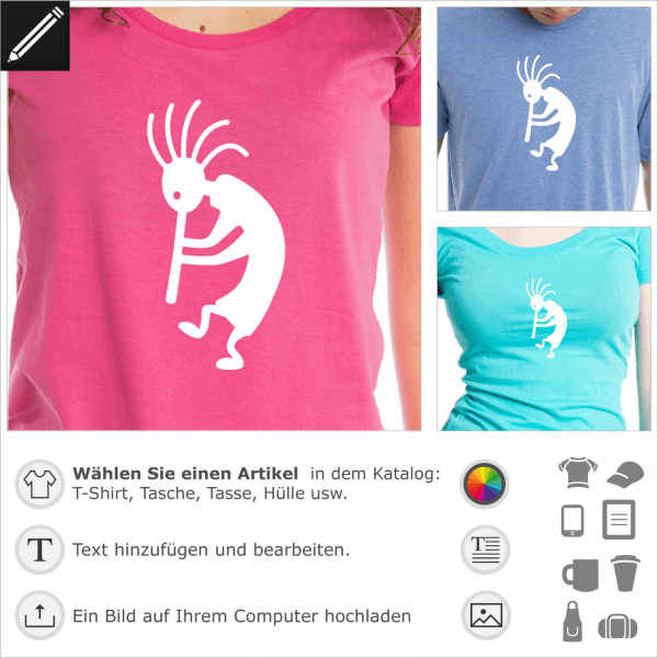 Kokopelli Figur, Kokopelli Design fr T-Shirt Druck. Gestalte ein personalisiertes T-Shirt mit diesem indianisches Motiv.