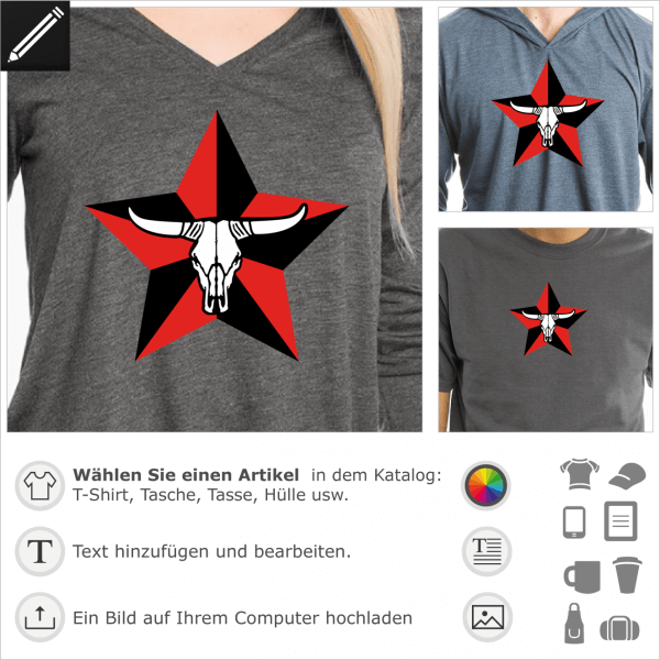 Texas Kuhkopf fr T-Shirt Druck. 3 Farben Design mit einem Kuh Schdel auf einen zwei Farben Stern.