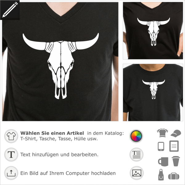 Kuhkopf Far West Design. Kuh Totenkopf personalisierbares Motiv fr T-Shirt Druck. Gestalte eine USA Kleidung.