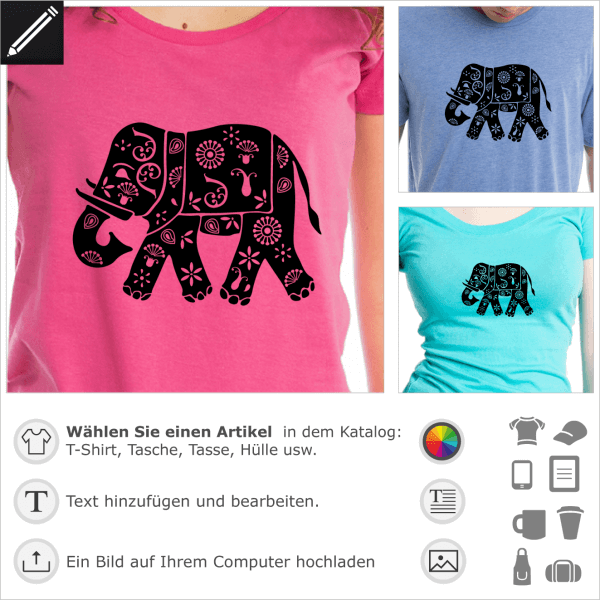 Indien Elefant personalisierbares Motiv fr T-Shirt Druck. Indischer stilisierter Elefant mit Dekorieren.