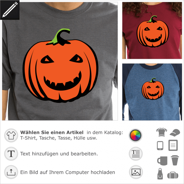 Lächelnden Kürbis personalisierbares Design für Halloween. Personalisiere ein T-Shirt für Halloween mit einem lustigen Kürbis.
