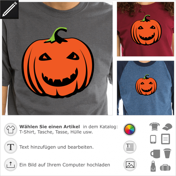 Lchelnden Krbis personalisierbares Design fr Halloween. Personalisiere ein T-Shirt fr Halloween mit einem lustigen Krbis.