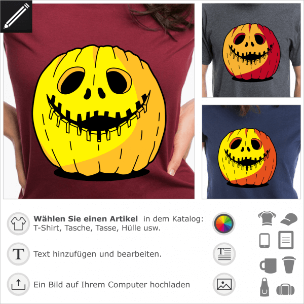 Kürbis T-Shirt zum Personalisieren und Drucken online. Jack O'Lantern und Lächeln in einem gezackten Bogen.