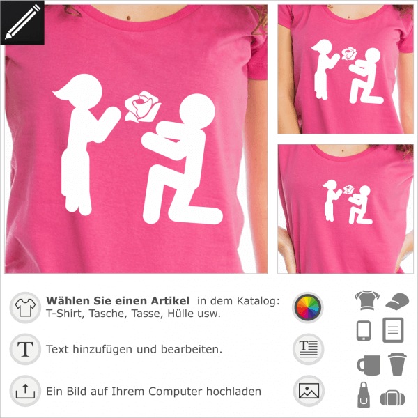 Love Piktogramm mit Piktogramme und einer stilisierten Rose. Love und Liebe personalisierbares Design fr T-Shirt Druck.