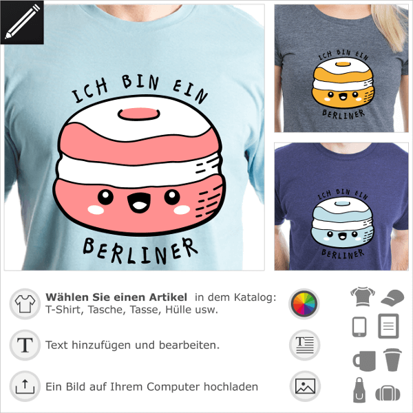 T-Shirt lustige Sprüche, humorvolles Design mit Kennedy Ich bin ein Berliner Zitat und Kawaii Doughnut
