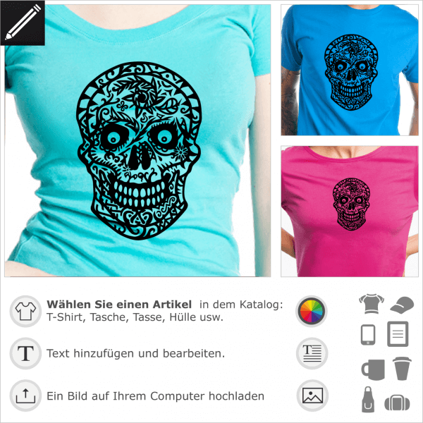 Totenkopf aus Blumen gezeichnet. Gestalte ein T-Shirt mit diesem Blhender Totenkopf.