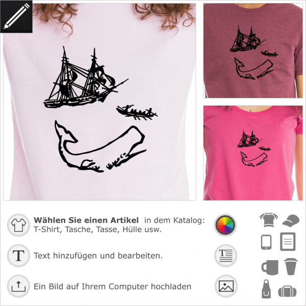 Moby Dick Abbildung fr T-Shirt Druck. 1 Farbe personalisierbares Design.