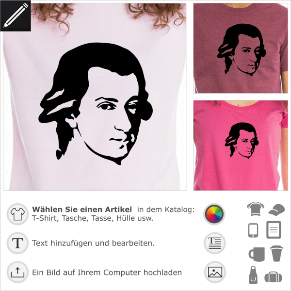 Mozart Porträt, personalisierbares Design für T-Shirt Druck. Gestalte ein T-Shirt oder ein Accessoire mit diesem Musik Motiv.