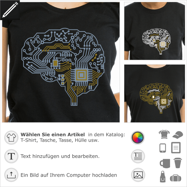 Nerd Gehirn T-Shirt. Gehirn in Leiterplatte, zweifarbiges Design, anpassbarer Roboter Witz.