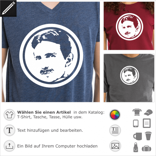 Tesla Medaillon frmig Design. Eingekreist Tesla Portrt fr T-Shirt Druck.