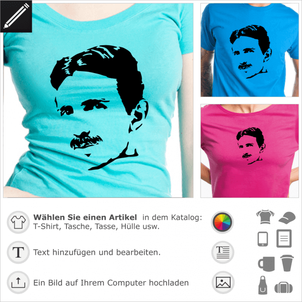Nikola Tesla Portrt, personalisierbares Design fr T-Shirt Druck.