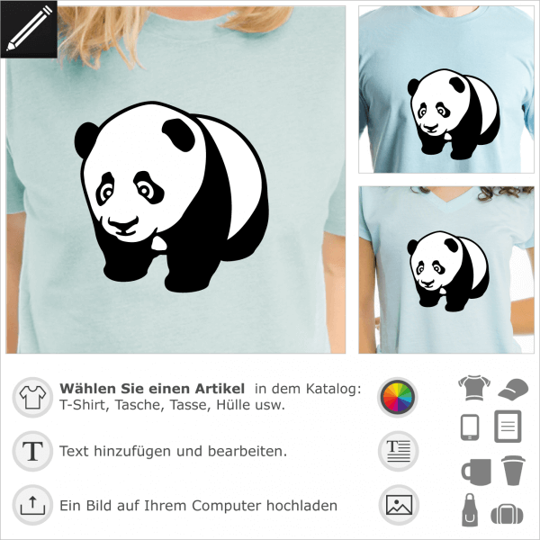 Panda Baby T-Shirt. Panda-Baby nach links gezeichnet, auf allen Vieren. Schwarz-weißes Design im Kawaii-Stil mit großen reflektierenden Augen.