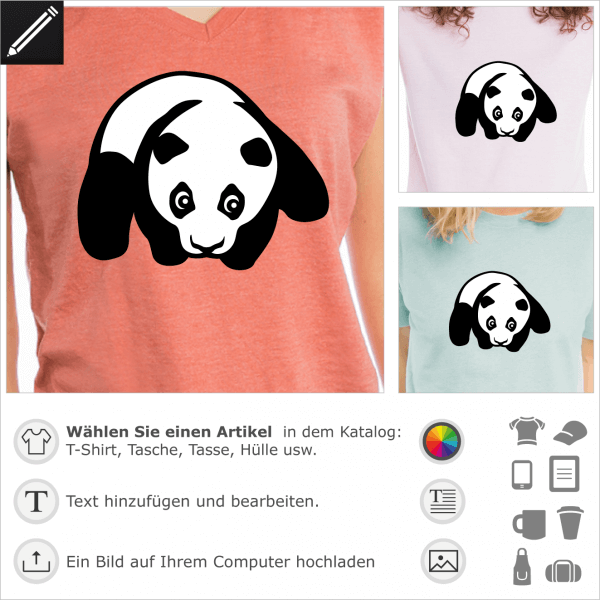 Lustiges Panda T-Shirt. Panda-Baby auf dem Bauch, Beine auseinander, mit dem Kopf nach vorne gezogen. 