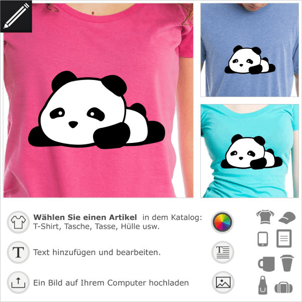 Panda kawaii T-Shirt liegend und mit verlngerten Beinen, schwarz-weies Panda-Design zum Anpassen und Drucken.