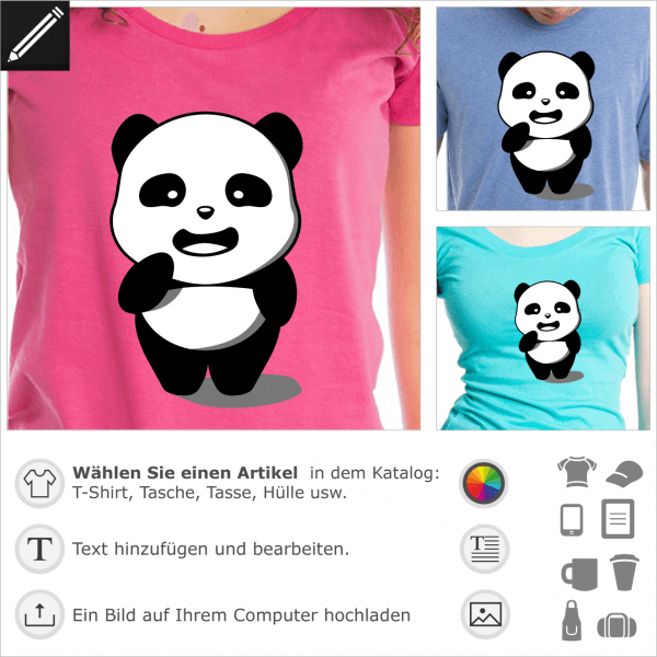 Lustiges Panda T-Shirt. Panda kawaii steht mit Schlagschatten.  Lustiger undurchsichtiger 3-farbiger Panda, der online gedruckt werden kann.