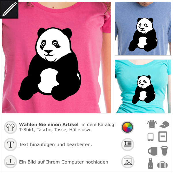 Panda T-Shirt. Panda im Sitzen gezeichnet, die Vorderbeine ruhen auf den Hinterbeinen.  Der Panda ist in schwarz-weien Uni-Farben und dicken Linien g