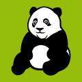 Kleiner sitzender Panda, der in kräftigem Schwarz-Weiß und dicken Linien gezeichnet ist.