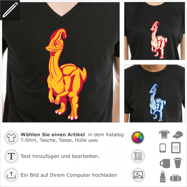 Dinosaurier T-Shirt, Parasaurolophus zum Anpassen und Drucken online. Gestalte ein originelles T-Shirt mit diesem Entenschnabel-Dino.