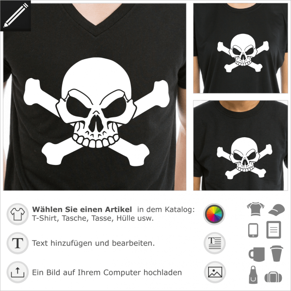 Piraten T-Shirt zur individuellen Gestaltung im Internet. Stilisierter Schdel. Weier Totenkopf und Knochen zum Aufdruck auf schwarzem T-Shirt.