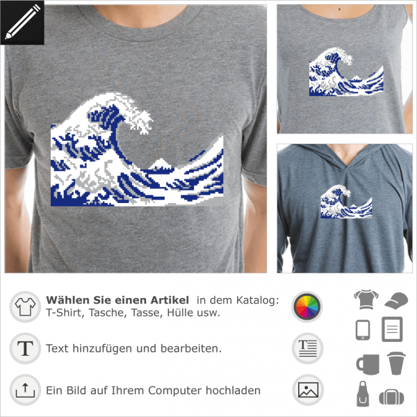 Hokusai Pixel Art Welle, 8bits Design fr T-Shrit Druck. Gestalte ein T-Shirt Geek und Pixelart.