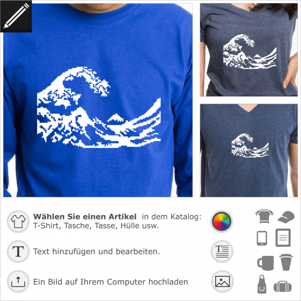 Hokusai Welle Pixels weisses Design für T-Shirt Druck. Gestalte ein T-Shirt mit diesem 8bits Motiv für Geeks.