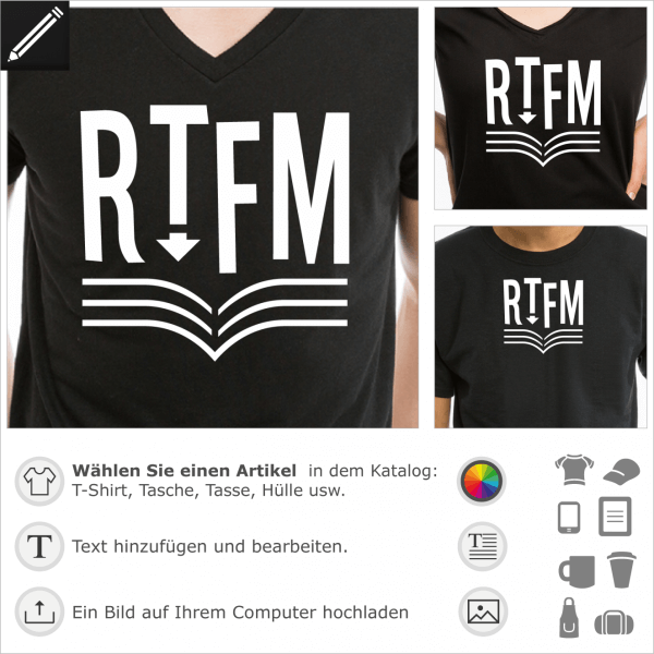 Read the Fucking Manual Buch, RTFM Design fr T-Shirt Druck. Personalisiere ein Programmer und Programmierung T-Shirt.