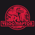 Dinosaurier-T-Shirt zur individuellen Gestaltung, Velociraptor-Schnitt auf einem roten Juralogo.