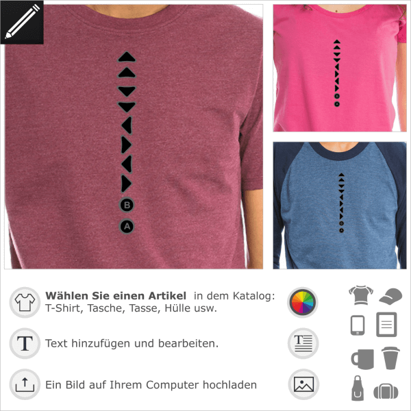 Konami Code vertikales anpassbares Design fr T-Shirt Druck. Gestalte dein Retrogaming und Geek T-Shirt online.