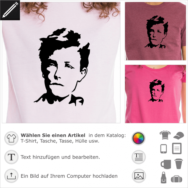 Arthur Rimbaud Portrt, 1 Farbe personalisierbares Design fr T-Shirt Druck.