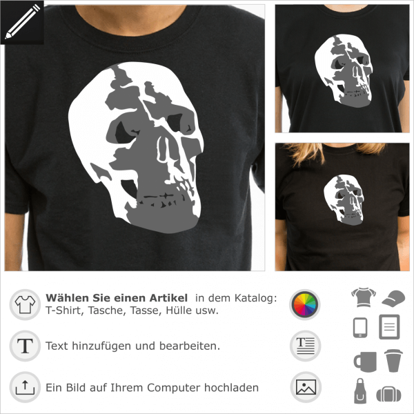 Totenkopf menschlicher Schdel, 2 Farben personalisierbares Design fr T-Shirt Druck. Gestalte ein T-Shirt Totenkopf und Piratenflagge.