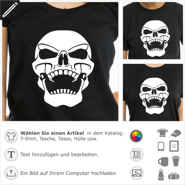 Original T-Shirt mit Totenkopf, um sich selbst zu personalisieren. Der Schdel kichert und ist nach hinten gebeugt. Piraten T-Shirt.