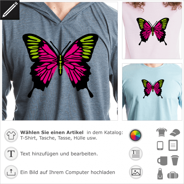 3 Farben Schmetterling Design fr T-Shirt Druck. Schmetterling mit Detailliertem Motiv der Flgel.