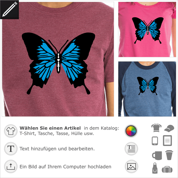Personalisierbarer Schmetterling, 3 Farben Motiv für T-Shirt Druck.