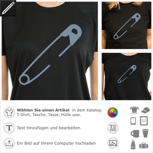 Sicherheitsnadel, unifarbes gestaltbares Nadel Design für T-Shirt Druck.