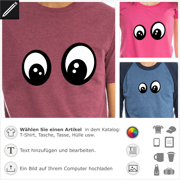 Fragende Augen Smiley für T-Shirt Druck. Personalisierbares Design mit 2 Farben Augen.