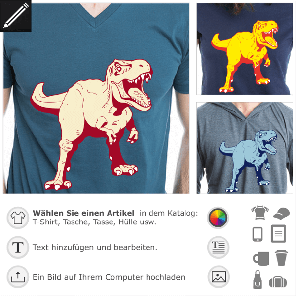 Dinosaurier-T-Shirt zum Anpassen. T-Rex 3 Farben, fr online Druck. Stilisierter Tyrannosaurus.