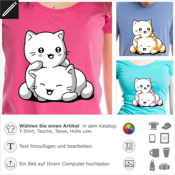 T-Shirt kawaii Ktzchen. Lustige Ktzchen eng beieinander. Personalisiere ein ses Ktzchen T-Shirt.