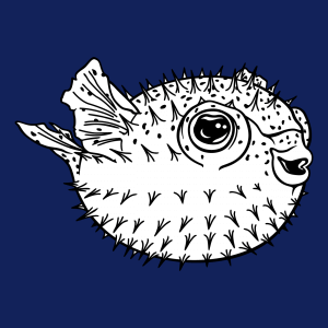 Fisch-T-Shirt. Lustiger Kugelfisch zum online Drucken.  Design von Meeresfischen und Meeresfischen. Runden Puffer Fisch.