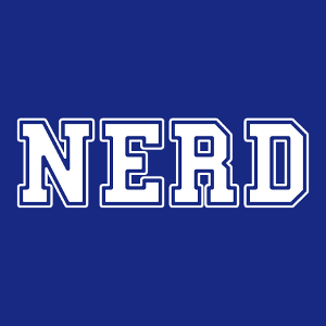 NERD, ein Nerd Pride Design, das in Großbuchstaben in College-Schrift geschrieben ist.
