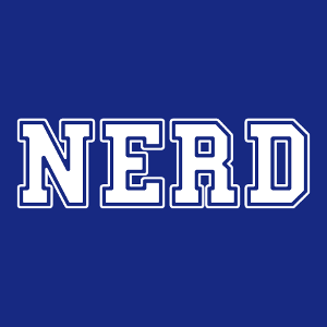 NERD, ein Nerd Pride Design, das in Grobuchstaben in College-Schrift geschrieben ist.