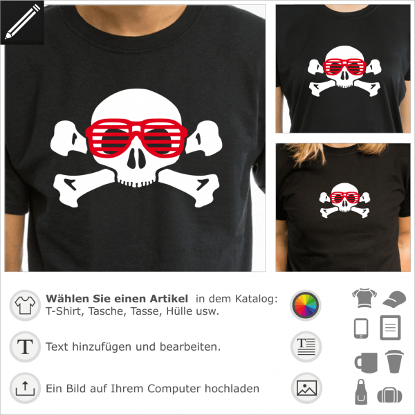 Geek Nerd Totenkopf Design fr T-Shirts Druck. Gestalte ein T-Shirt fr Geeks mit diesem personalisierbaren Totenkopf mit Brillen.