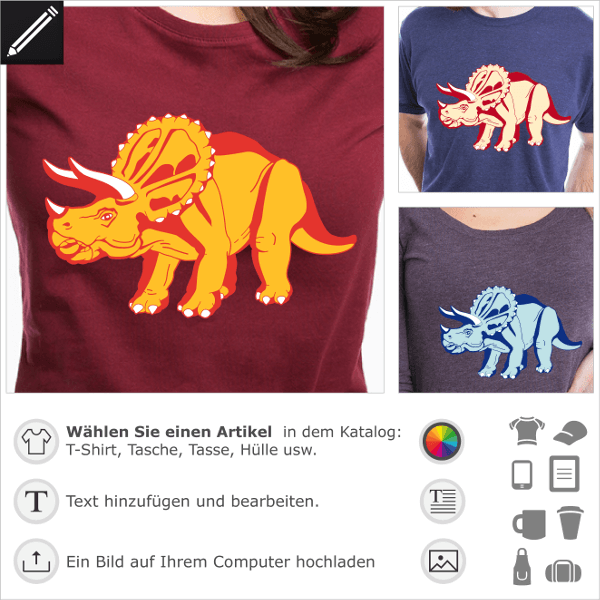 Anpassbares Dinosaurier-T-Shirt fr den Online-Druck. Passen Sie das Design an und erstellen Sie ein Triceratops T-Shirt.