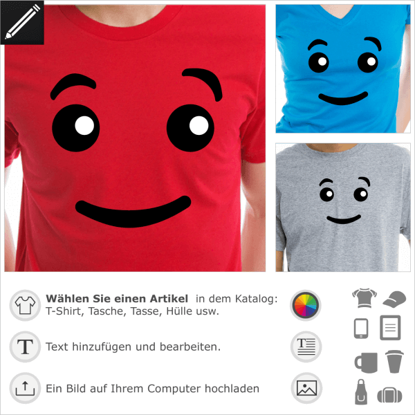 Lustige Augen Smiley. Gestalte ein T-Shirt mit diesemm Lego Figur Gesicht.