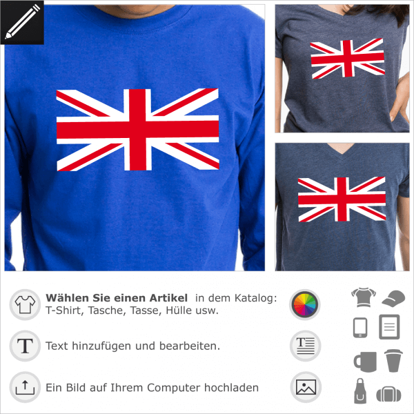 Union Jack T-Shirt. Zentralkreuz der englischen Flagge mit senkrechten und schrägen roten und weißen Streifen, zu drucken auf marineblauem T-Shirt. 