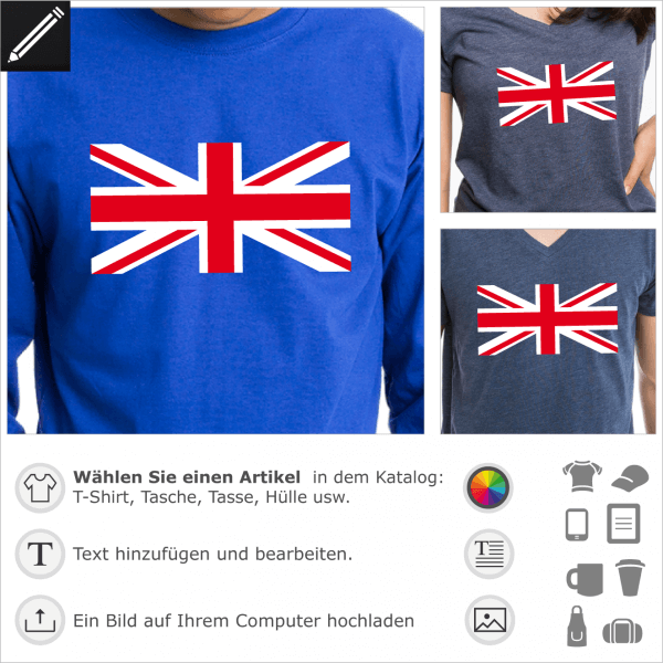 Union Jack T-Shirt. Zentralkreuz der englischen Flagge mit senkrechten und schrgen roten und weien Streifen, zu drucken auf marineblauem T-Shirt. 