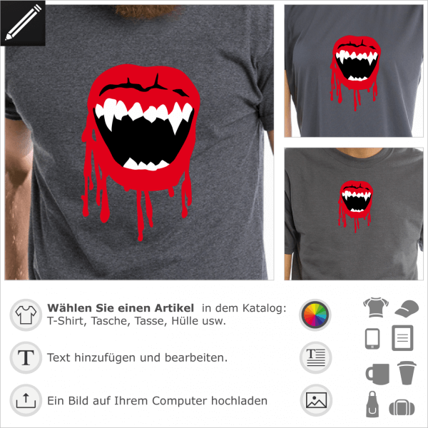 Blutiges Vampire Mund Design. Peronalisierbares Halloween Design fr T-Shirt Druck.