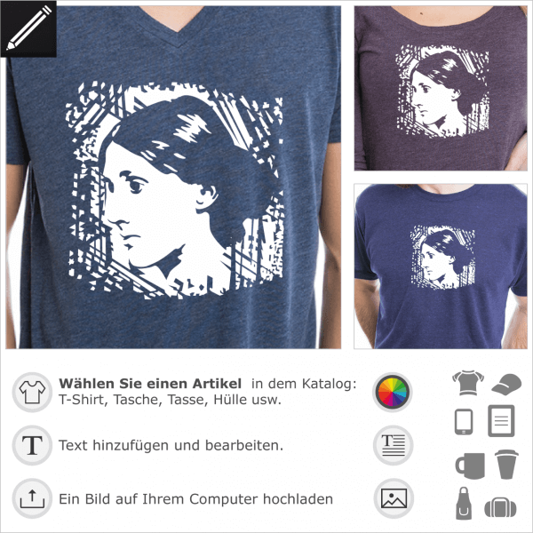 Virginia Woolf umgekehrt Portrt fr dunkle Kleidung. Gestalte ein T-Shirt Literatur und Schriftstellerin.