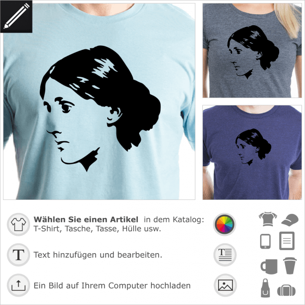 Virginia Woolf personalisierbares Portrt, eine Farbe Design fr T-Shirt Druck.