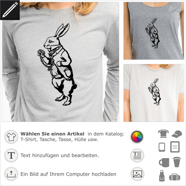 Weisse Kaninchen Wunderland Design für T-Shirt Druck. Originales Kaninchen aus Alice im Wunderland Buch Illustration, in Vektoren Design.