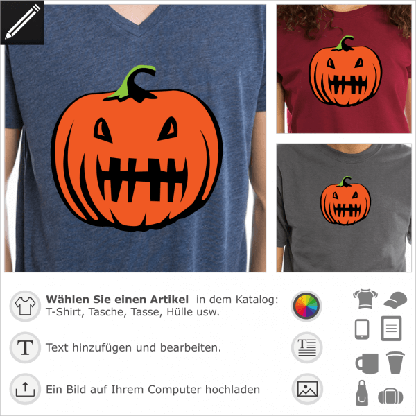 Zahnlos Kürbis, 3 Farben Design für Halloween T-Shirts. Personalisiere ein T-Shirt oder ein Accessoire für Halloween mit diesem lustigen Kürbis.